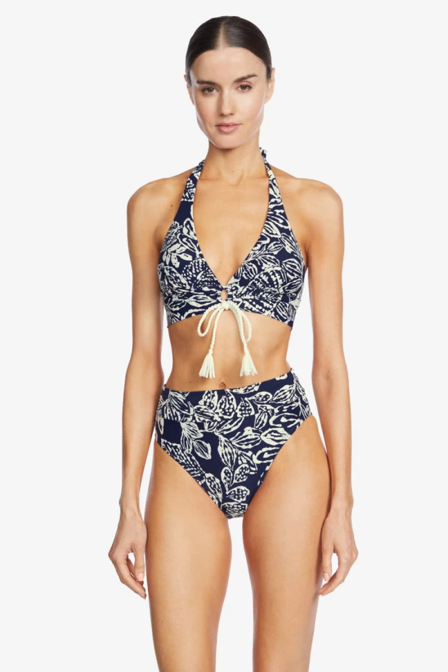 Robin Piccone Women's High Waist Bikini Bottom - Navy & Ecru Swimwear