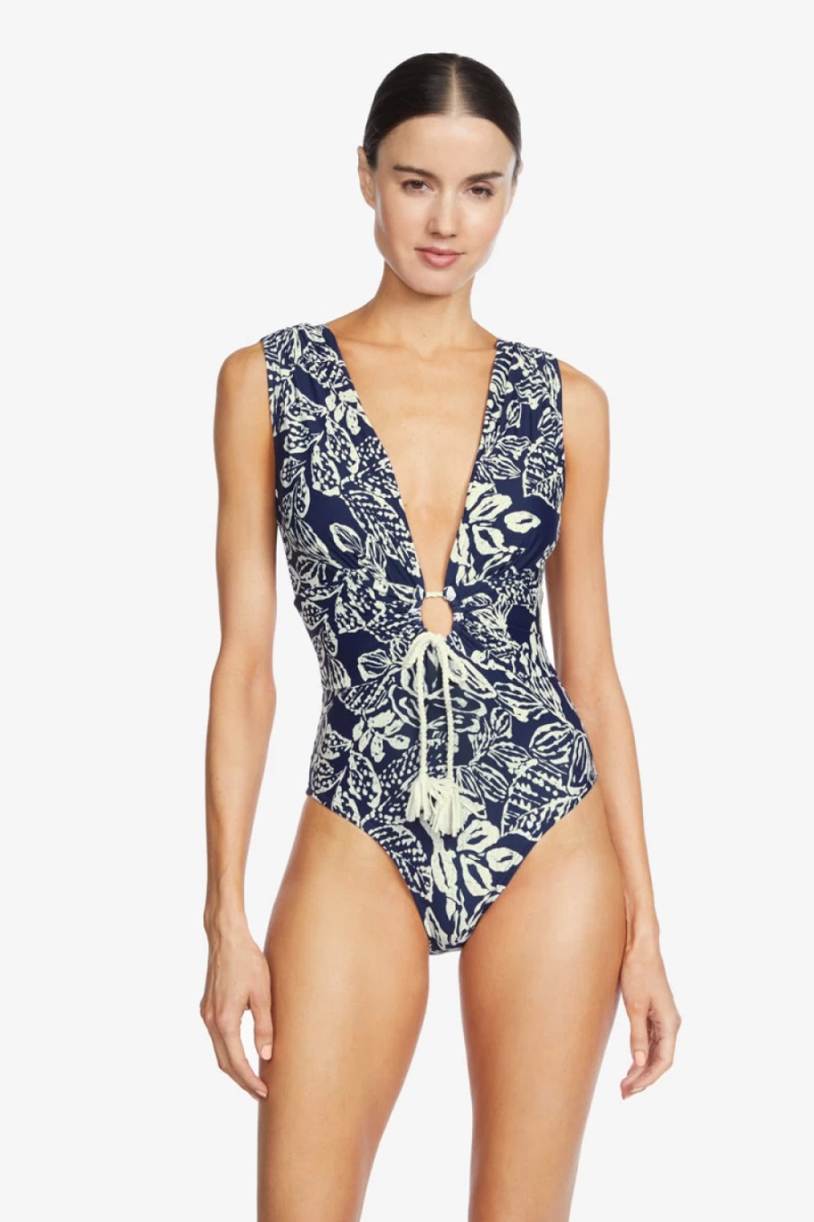 Robin Piccone Women's Indah Shirred One Piece Swimsuit in Navy/Ecru