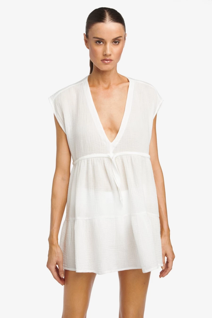 Robin Piccone Women's White Bubble Gauze Flouncy Dress - Elegant Flowy Summer Dress